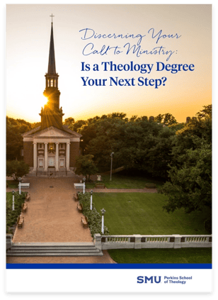 Promotional poster for theology studies with an evening view of a church and pathway